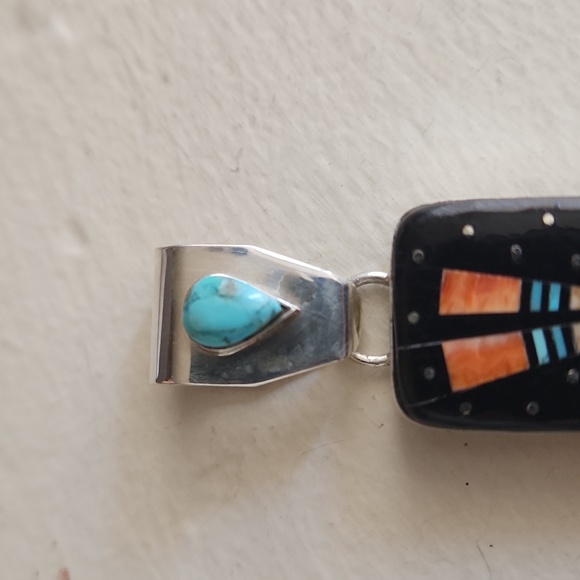 Amazing Handmade Native American Navajo Inlaid Pendant by Ray Jack 💙🖤🩵 - Picture 9 of 16